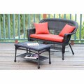 Jeco Espresso Wicker Patio Love Seat And Coffee Table Set With Red Orange Cushion W00201-LCS018